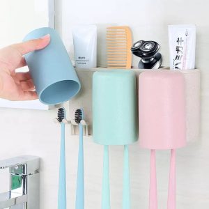 Wheat straw 3 cup self adhesive toothbrush/toothpaste holder