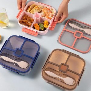 3 compartment Bento square Lunch Boxes With Spoon , Plastic Meal Prep Containers With Lids, Leakproof Food Storage Snack Container For Adults, Work, Home