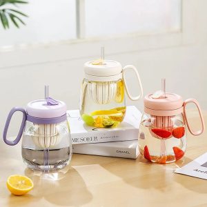 Plastic infuser water bottle with straw, plastic cup with handle