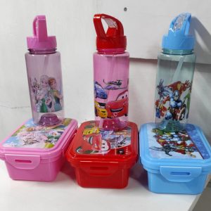 Combo cartoon themed kids snack box with bottle